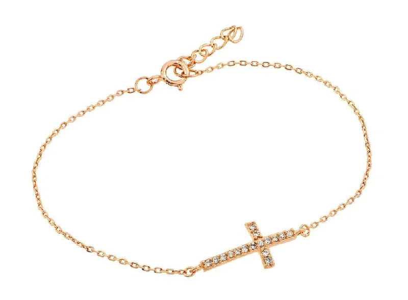 Rose Gold Plated 925 Sterling Silver Sideways Cross CZ Bracelet - BGB00127RGP