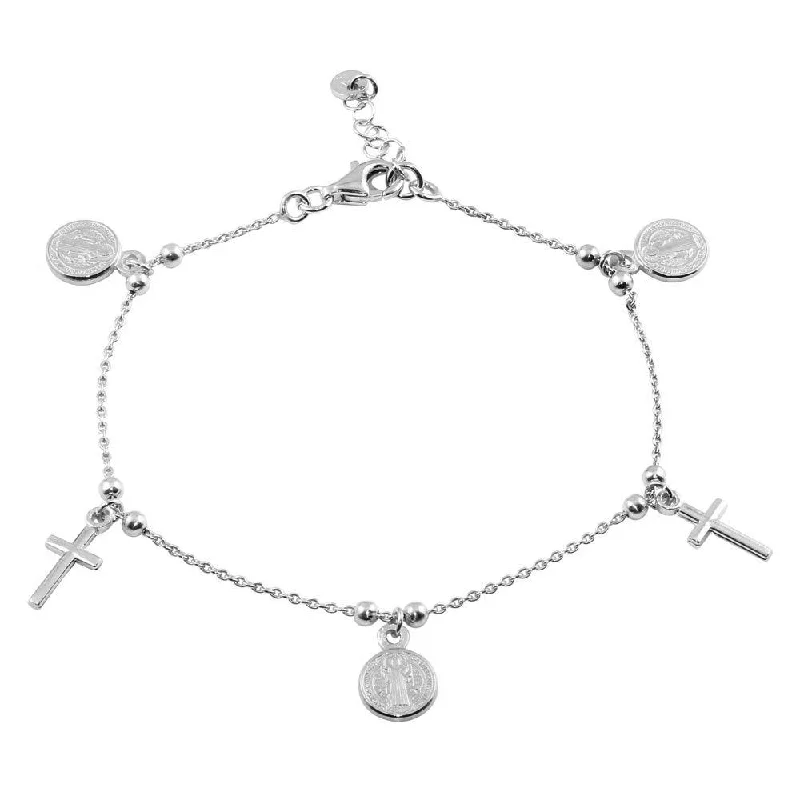 Rhodium Plated 925 Sterling Two-Tone 925 Sterling Silver Dangling Charm Bead Bracelet - ARB00056RH