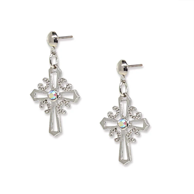 Symbols Of Faith AB Crystal Cross Post Drop Earrings