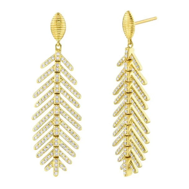 18K Yellow Gold Diamond Small Feather Drop Earrings