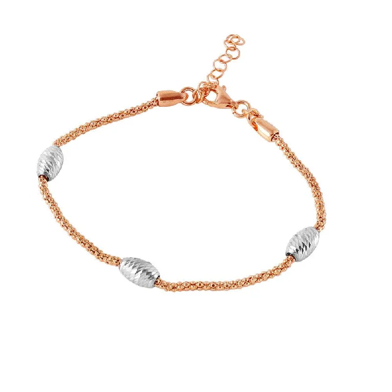 Silver 925 Rose Gold Plated Pop Corn Chain Italian Bracelet with Oval Bead Accents - ECB00129RGP