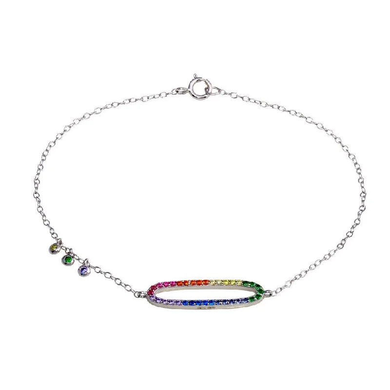 Rhodium Plated 925 Sterling Silver Multi Color CZ Open Oval Bracelet - STB00571