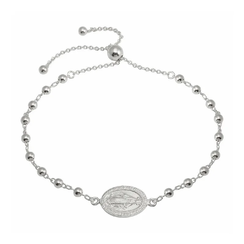 Rhodium Plated 925 Sterling Silver Medallion Charm Beaded Bracelets - DIB00080RH