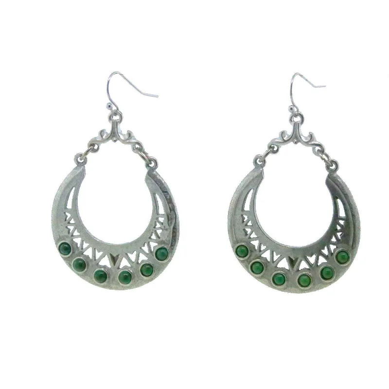 T.R.U. Pewter Genuine Green Malachite Hoop Earrings