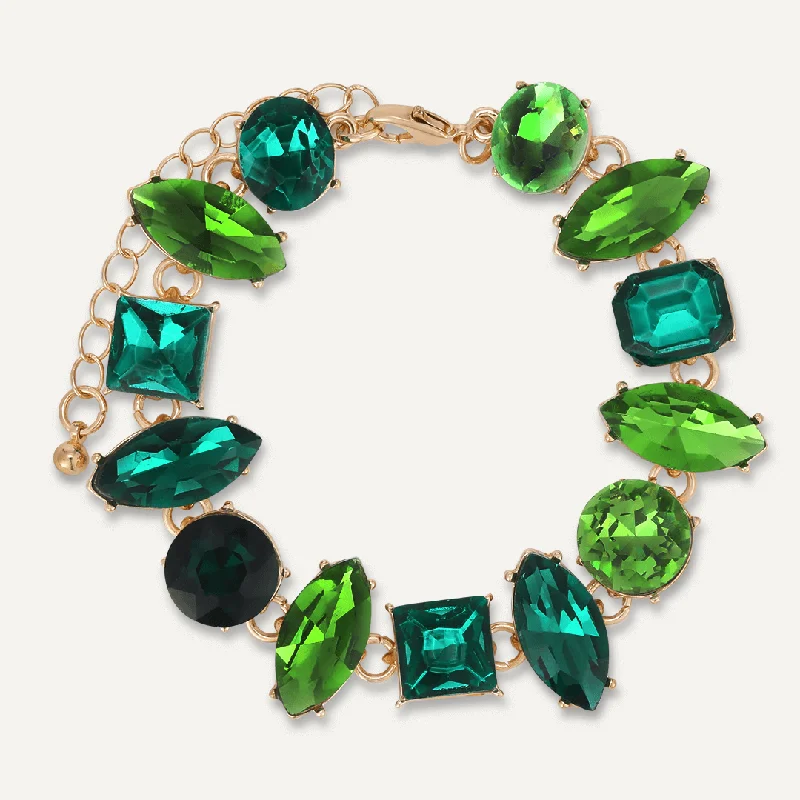 Mixed Cut Green Crystal Clasp Bracelet In Gold-Tone