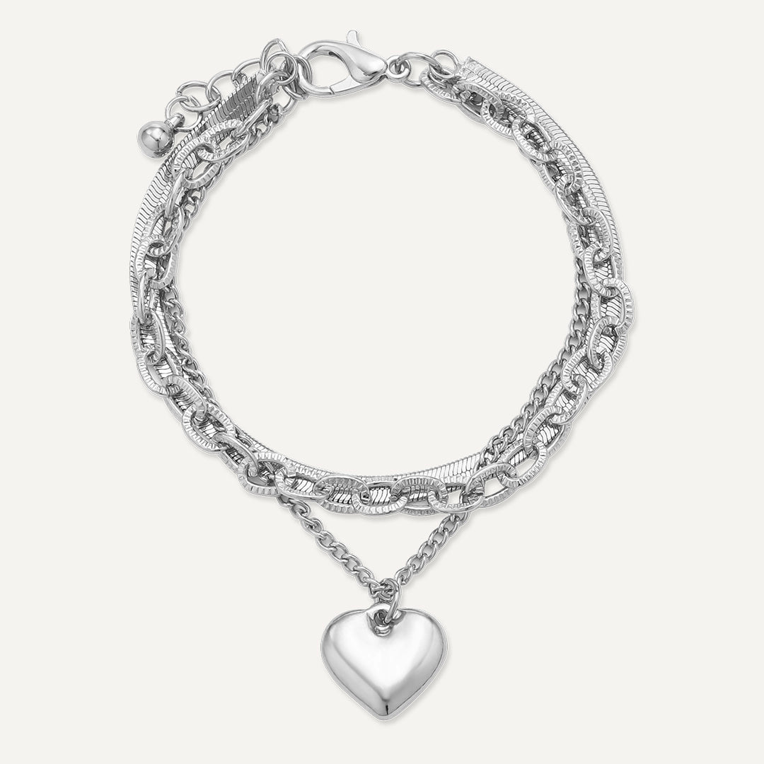 Layered Heart Charm Bracelet In Silver-Tone