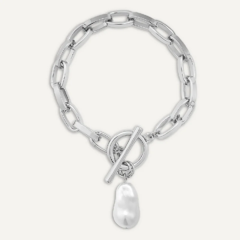 Chain-Link T-Bar Bracelet With Faux Pearl In Silver-Tone