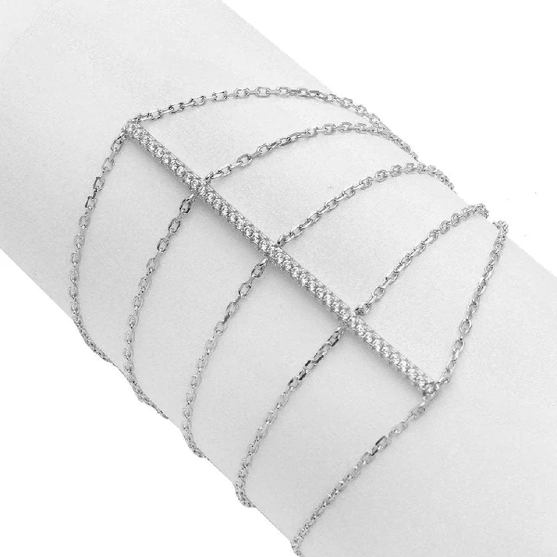 Rhodium Plated 925 Sterling Silver CZ Line Multi Chain Bracelet - STB00535