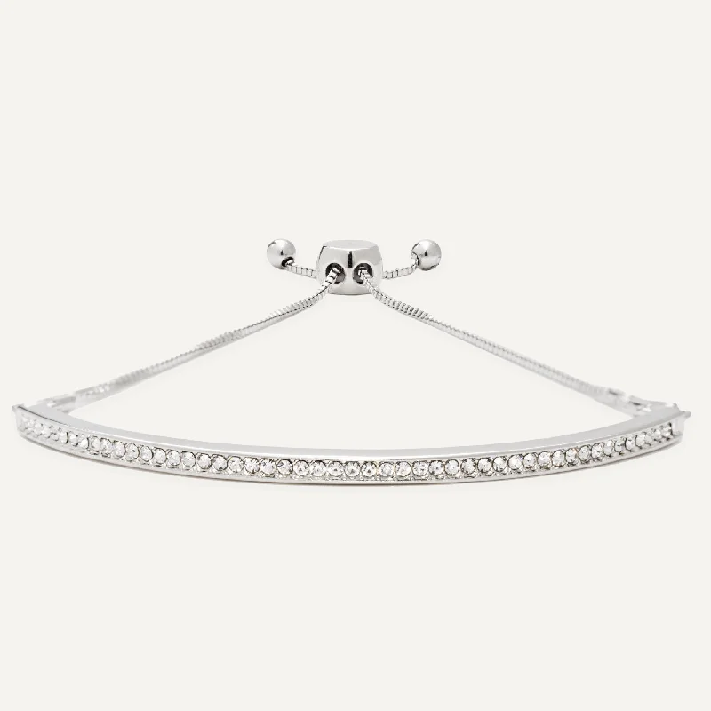 Keira Crystal Silver Curved Bar Drawstring Bracelet In Silver-Tone