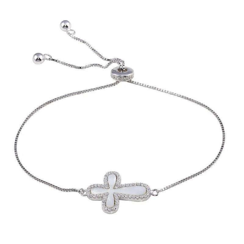 Rhodium Plated 925 Sterling Silver Lariat Side Way Mother of Pearl Cross CZ Bracelet - STB00575