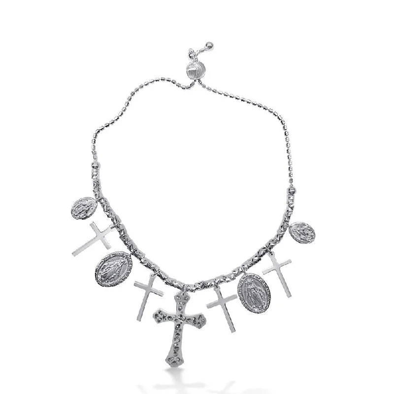 Rhodium Plated 925 Sterling Silver Cross and Medallion Charm Bracelet - DIB00053RH