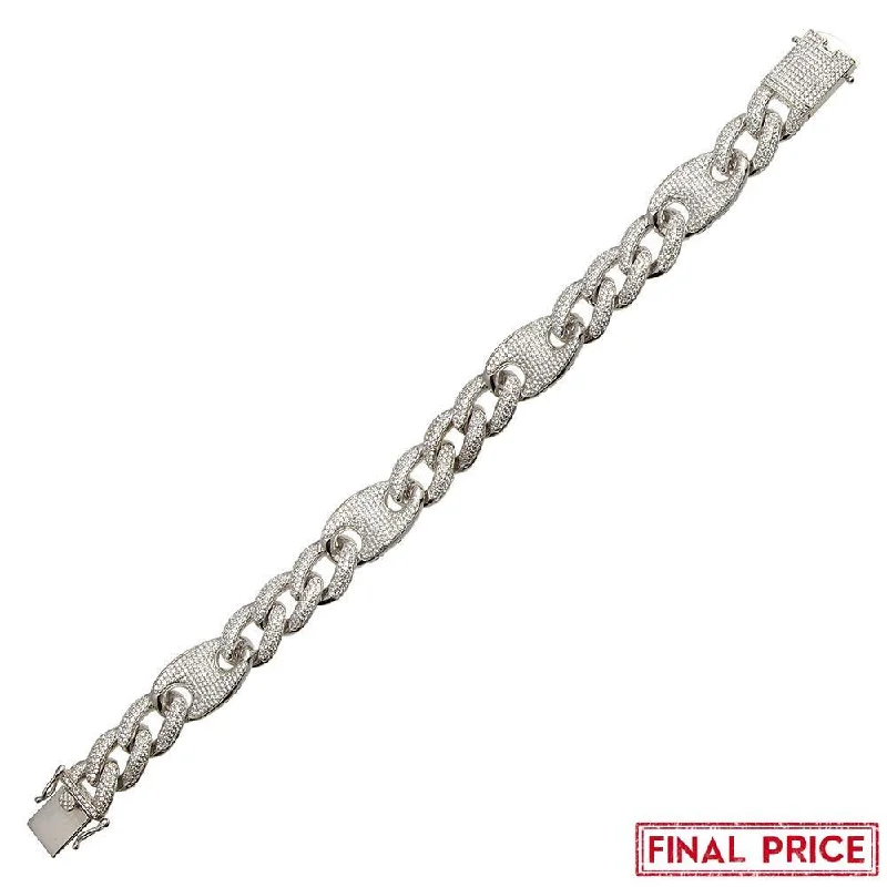 Rhodium Plated 925 Sterling Silver CZ Encrusted Figaro Mariner Bracelet 14.5mm - GMB00077