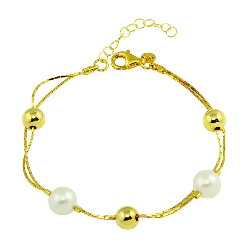 Gold Plated 925 Sterling Silver Bead Bracelet with Synthetic Pearl - ECB00103GP