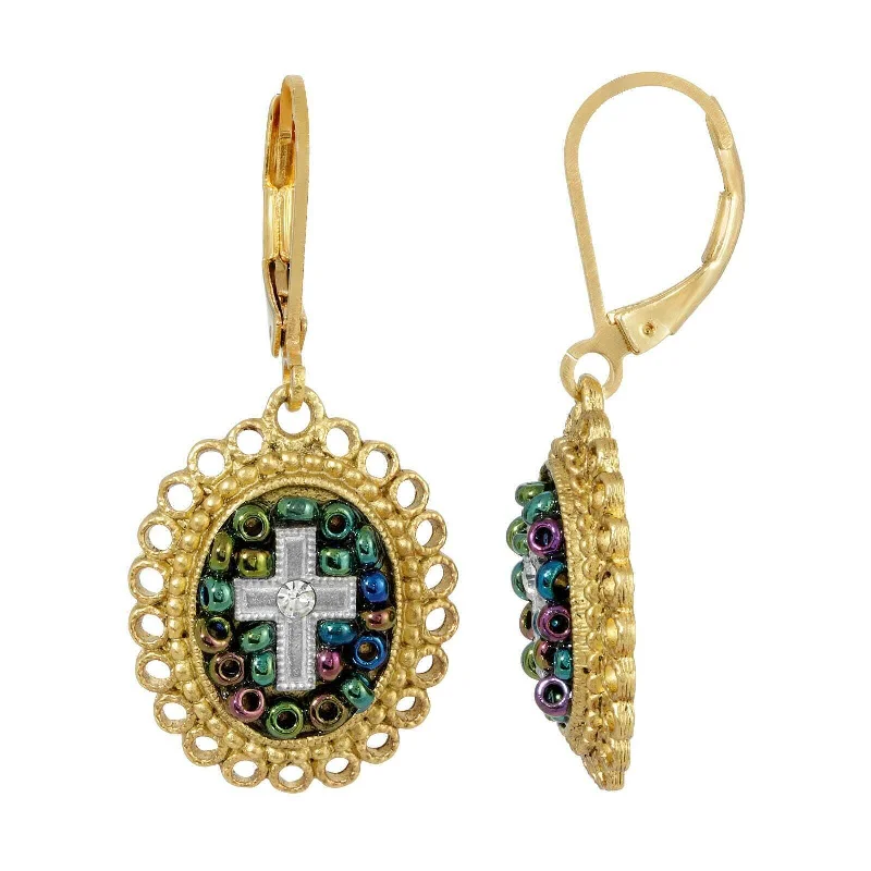 Symbols Of Faith Multi Color Seeded Beads & Crystal Cross Drop Earrings