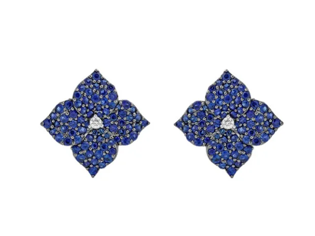 18k White Gold Sapphire Diamond Flower Stud Earrings