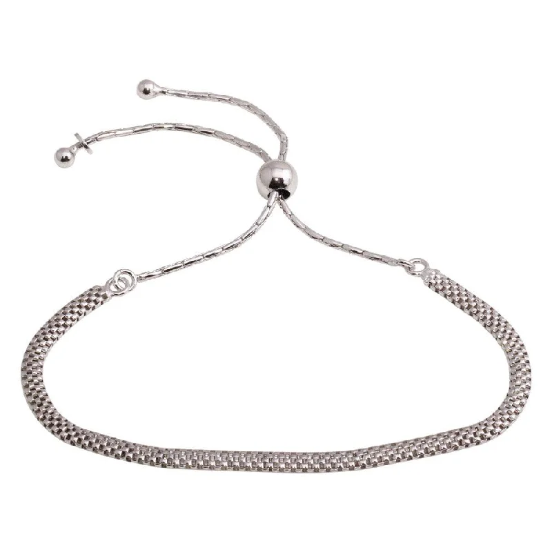 Rhodium Plated 925 Sterling Silver Mesh Chain Lariat Bracelet - ECB00117RH