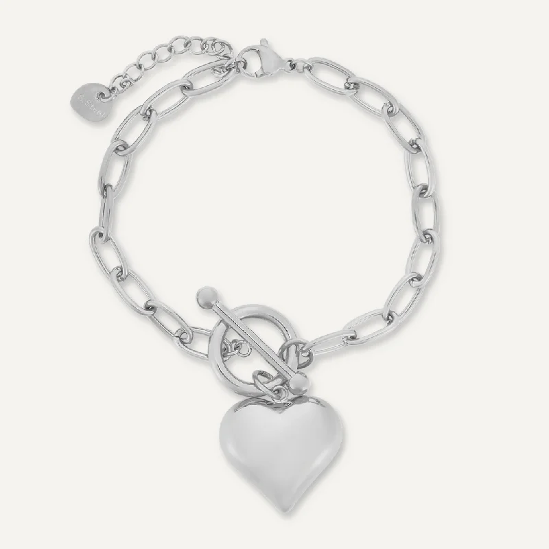 Heart Charm T-Bar Bracelet In Silver-Tone