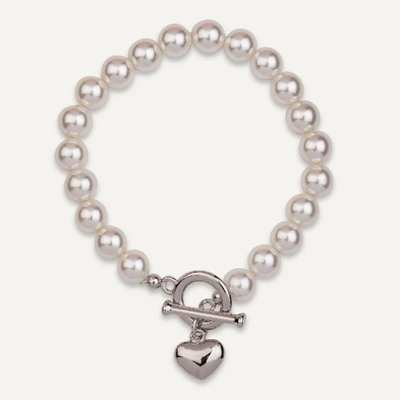 Mother Of Pearl & Heart Pendant T-bar Bracelet In Silver-Tone